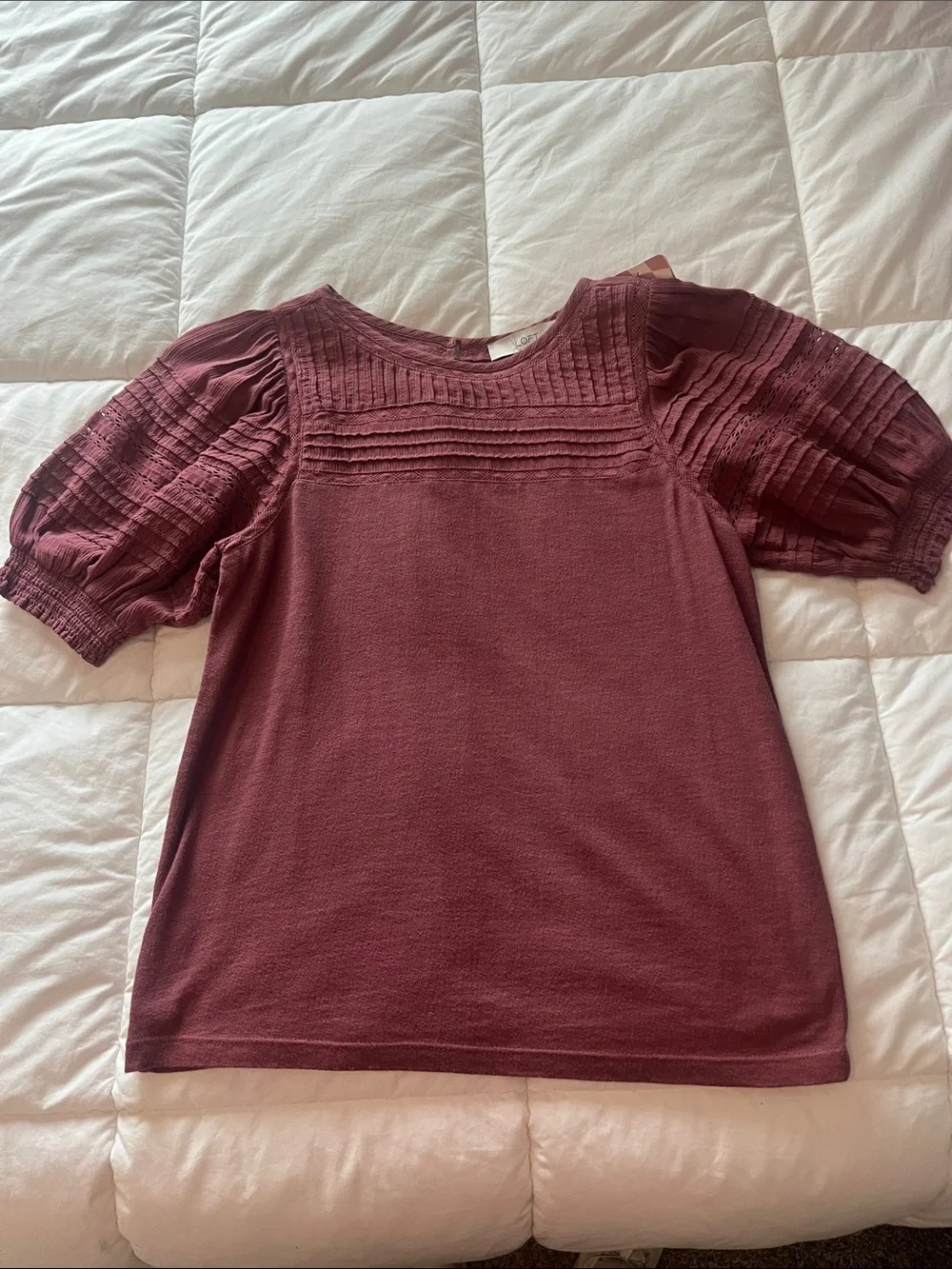 LOFT Burgundy Knit Puff-Sleeve Top